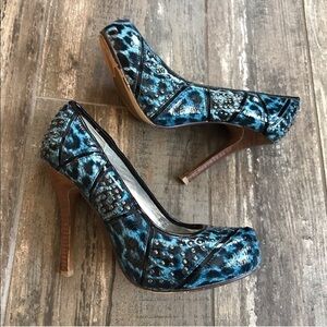 Naughty Monkey electric blue studded leopard print heels size 7